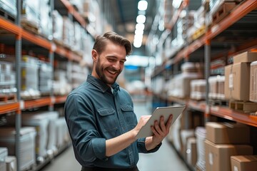 smiling and laughing salesman in a hardware warehouse standing checking supplies on his tablet - obrazy, fototapety, plakaty