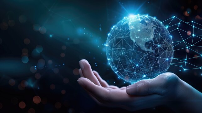Hand holding global virtual internet world connection of metaverse technology network digital communication, worldwide networking on connect, generative ai