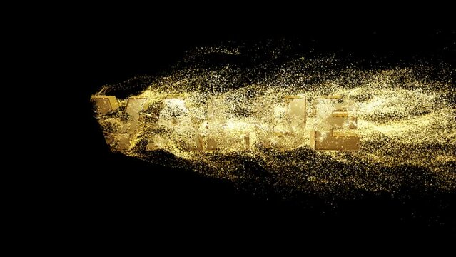 VALU realistic 3d gold text with particle dust effect on black background. fill letters with golden particles. 4k abstract Footage