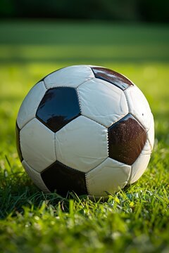 A black and white soccer ball sits on the green grass of a field