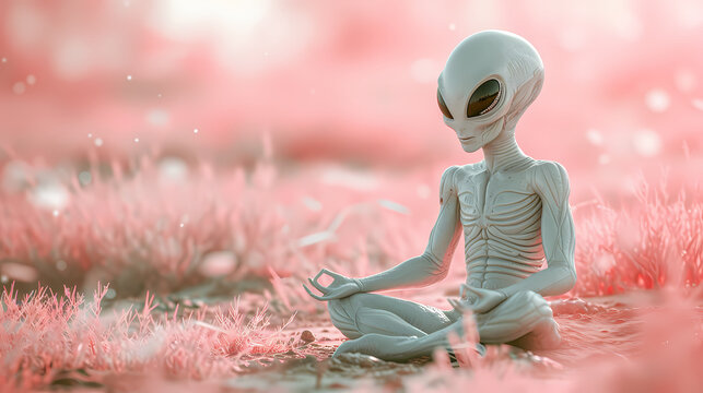 Meditative Moment: Alien in Lotus Yoga Pose with Candles and Room for Text.. Generative AI