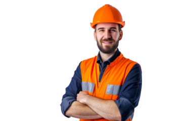 Smart young engineer building or constructor worker with safety uniform, vest and safety hat isolated on transparent background, planning project.