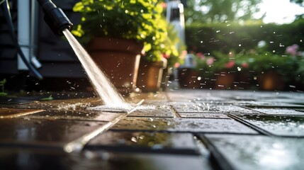A Deep and Thorough Terrace Cleansing, Removing Grime from Paving with a Strong Water Jet