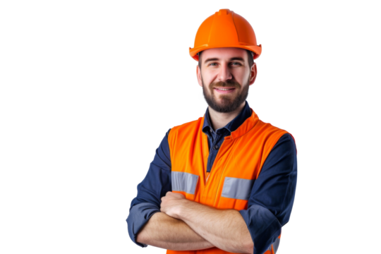 Smart young engineer building or constructor worker with safety uniform, vest and safety hat isolated on transparent background, planning project.