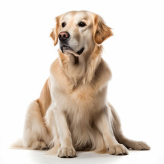 Golden retriever dog sitting side view in front of white wall AI Generated
