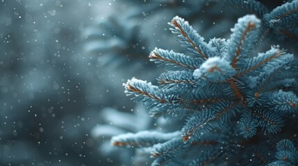 Close-up of snow-covered fir tree branches against blurred background