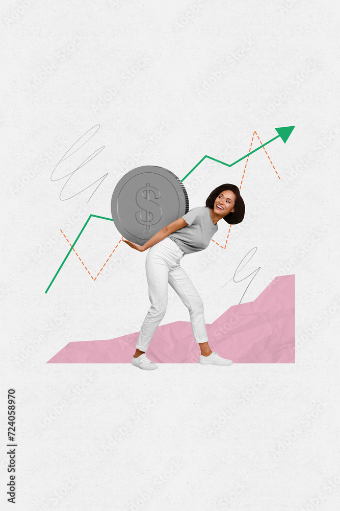 Poster Vertical creative collage image strong leadership beautiful lady carry heavy big coin income arrow chart up exclusive white background