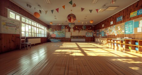 Inside a Traditional Primary School, Embracing the Charm of Wooden Floors and Time-Honored Educational Concepts - obrazy, fototapety, plakaty