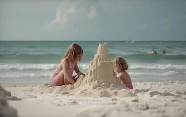 children build a sand castle against the background of the ocean 