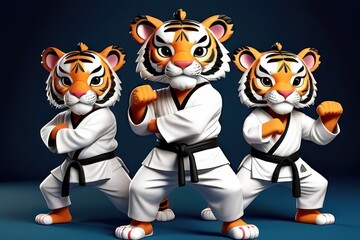 Cartoon 3d group of tigers in taekwondo uniform.Educational posters for Kids and children's book Illustrations concept,merchandise such as t-shirts, hoodies, or water bottles concept.