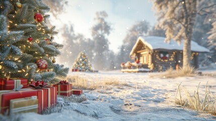A snowy Christmas scene with a decorated Christmas tree and a cabin in the background