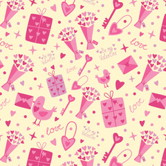 Happy Valentine's day, February 14 seamless pattern with hearts, lock, bird, love letter, love key, love lock. Vector illustration for prints, paper, wallpaper, fabrik.