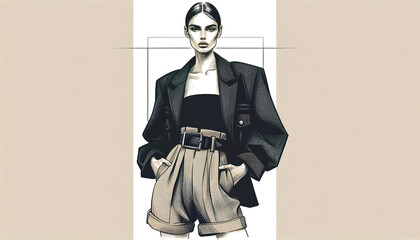 Stylized fashion illustration of an oversized blazer and high-waisted shorts with a bold belt for an elegant and modern vibe. Fashion concept. AI generated.