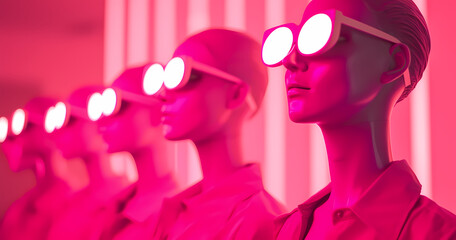 White Cyborg Robot Girls Wearing Sunglasses Seated on a Bench - Bathed in the Allure of Pink Neon Illumination