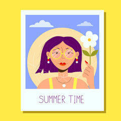 Polaroid photo of a girl with a bob in sunglasses and a straw hat holding a flower on vacation at the seaside. Vector illustration of vacation and travel concept. Summer memory.