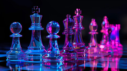 Glass Chess: Blue and Pink Pieces on Black Background