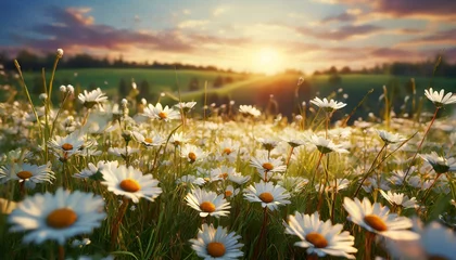 Fototapete white daisy blooms in a field with sun rise © Muhammad