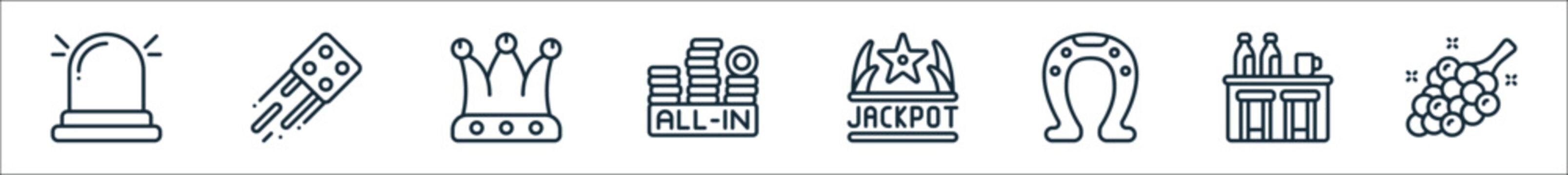 outline set of casino line icons. linear vector icons such as alarm, dice, jester, all in, jackpot, horseshoe, bar, grapes