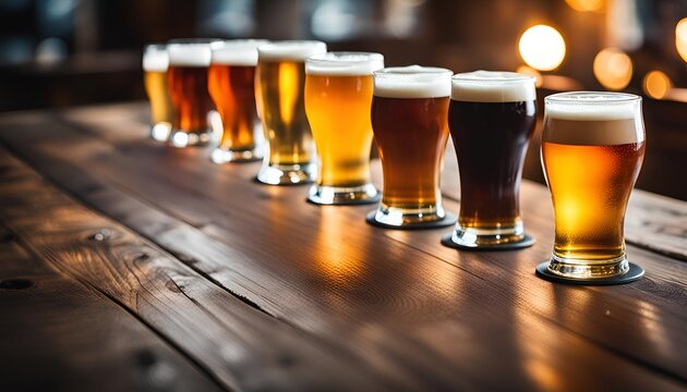 Glasses of different tasty beer on wooden table
