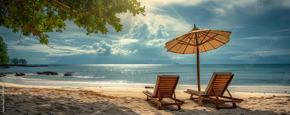 Wall mural a panoramic view of lounge chairs on a beach under an umbrella against a peaceful blue sky and ocean - Wall murals