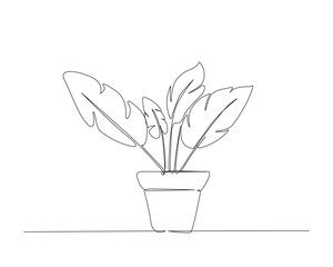Continuous one line drawing of house plant flowers in a pot. Tropical flower in a pot single outline vector illustration. Editable stroke.