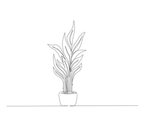 Continuous one line drawing of house plant flowers in a pot. Tropical flower in a pot single outline vector illustration. Editable stroke.
