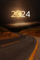 sign on the road. 2024 new year consept with moon.