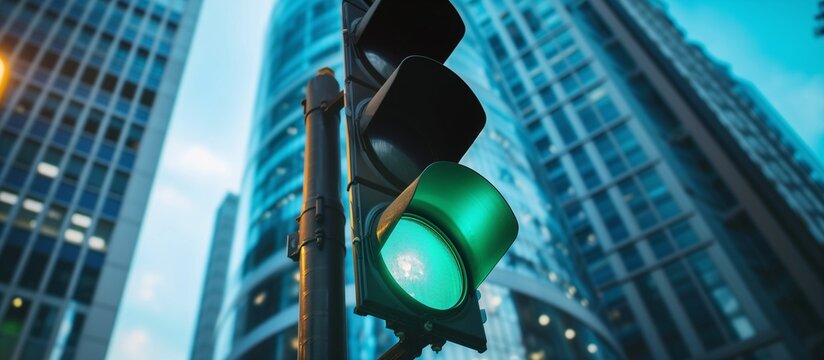 Un feu vert de signalisation dans un quartier d'affaires