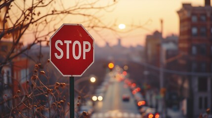 Un panneau stop dans une rue surplombe la ville - obrazy, fototapety, plakaty