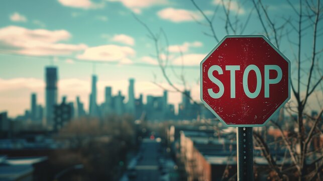 Un panneau stop surplombe la ville