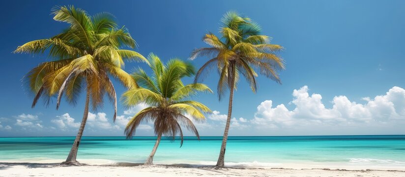 Beautiful paradise tropical beach island with palm trees blue sea view background. Generated AI