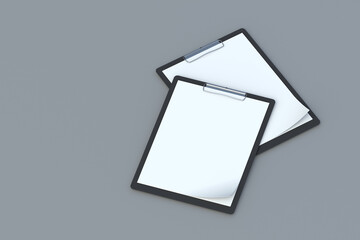 Two clipboards with blank paper sheet. Office accessories. Binder for document with empty page. Copy space. 3d render