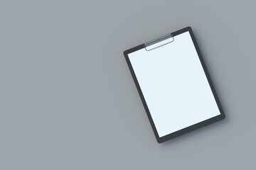 Clipboard with blank paper sheet. Office accessories. Binder for document with empty page. Copy space. 3d render