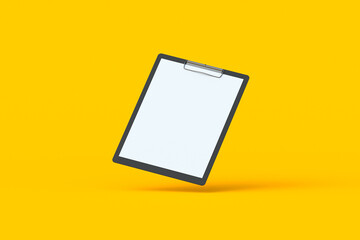 Falling clipboard with blank paper sheet. Office accessories. Binder for document with empty page. 3d render