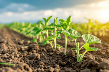 Young Soybean Plants Sprouting in Sunlit Fertile Farmland.