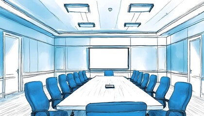 Blue watercolor sketch of a conference room. Illustration
