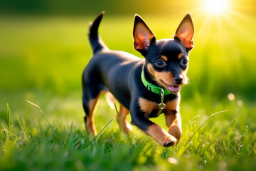 Naklejka na ściany i meble Happy toy terrier dog running over a green meadow.