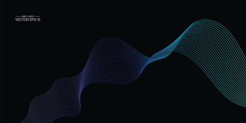 Vector wavy lines pattern smooth curve flowing dynamic blue green gradient light isolated on black background for concept of technology, digital, communication, science, music.