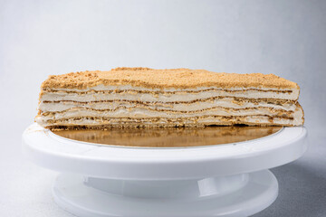 A delicious cake in a restaurant. Close-up