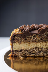 A delicious cake in a restaurant. Close-up