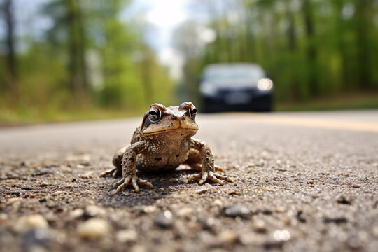 Small toad sitting on road with approaching car in background