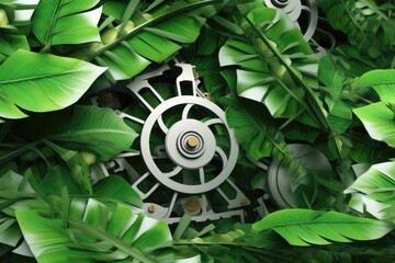 Nature and Technology Gears with Vibrant Green Banana Leaves Background