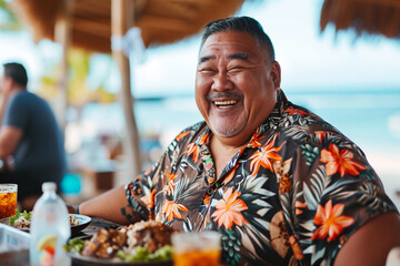 Smiling Obese Man in Hawaiian Shirt Enjoys Feast in Touristic Area"