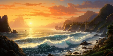 A serene coastal scene with waves gently crashing against rugged cliffs, the sun setting over the...