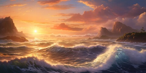 A serene coastal scene with waves gently crashing against rugged cliffs, the sun setting over the horizon. - Powered by Adobe