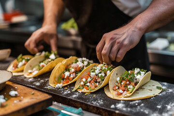 a skilled chef assembling gourmet Mexican tacos in a modern kitchen