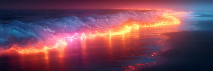 Neon light-trails beach landscape serene and calm isolated on black background Created with generative AI.
