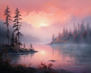 A serene lake at sunrise, with the sky painted in hues of pink and orange, and mist gently rising from the calm waters.