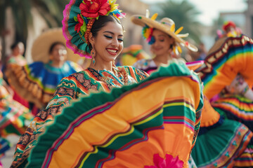 a traditional Cinco de Mayo parade with colorful floats dancers in traditional attire