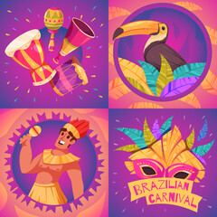 Hand drawn flat cartoon brazilian carnival illustration set with character and carnival elements